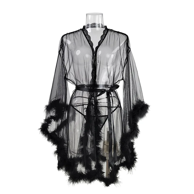 Sexy See Through Lace Feather Robe Nightgown For Women Deep-V Cardigan Horn Sleeve Lingerie Night Wear Bathrobes Nightie