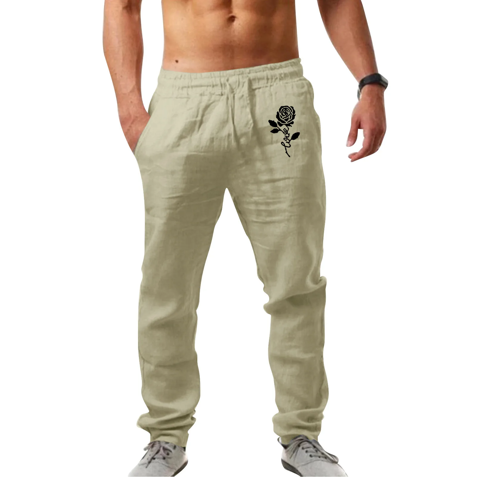 

Mens Fashion Casual Printed Linen Pocket Lace Up Pants Large Size Pants