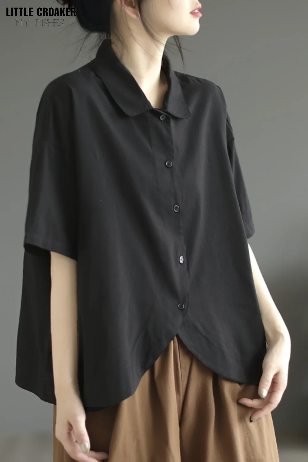 

Summer Cotton and Hemp Art Style Solid Color Short Sleeve Shirt for Women Single Breasted Hem Asymmetric Thin Polo Top for Women