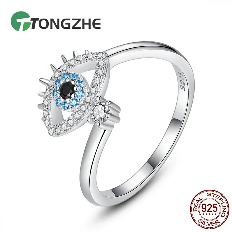 Фото TONGZHE Lucky Evil Eye кольца для женщин и девочек, кольцо из стерлингового серебра 925 пробы с цирконом, регулируемое женское открытое кольцо, обручальные кольца, ювелирные изделия №1
