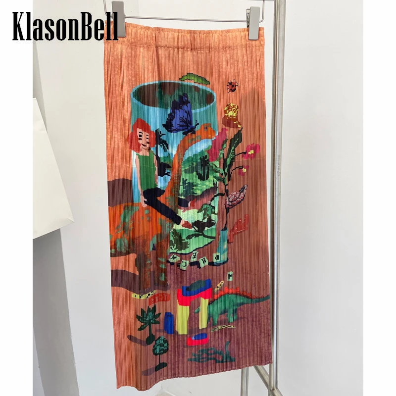 

7.2 KlasonBell Vintage Cartoon Pleated Print Elastic Waist Midi Skirt Women
