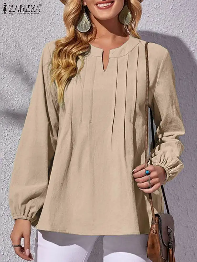 

Блузка ZANZEA Женская с длинным рукавом и V-образным вырезом, Модная элегантная однотонная туника, Повседневная Уличная рубашка, осень
