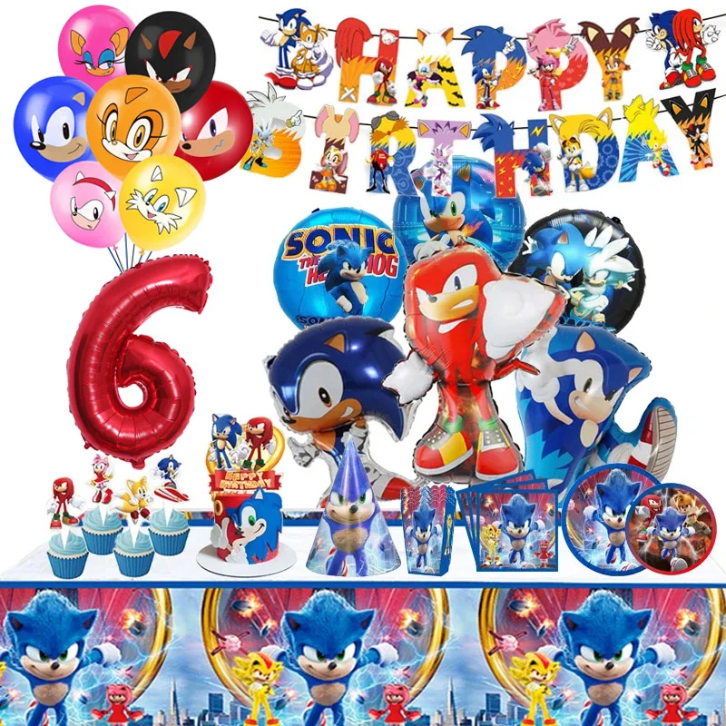 

Sonic Theme Children's Birthday Party Decoration Supplies Disposable Latex Balloon Cartoon Cake Insert Card Paper Cup Pull Flag