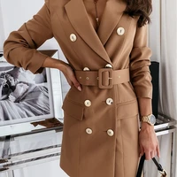 autumn womens long sleeved waist mid length blazer for office 2021 new ladies elegant solid color double breasted blazer