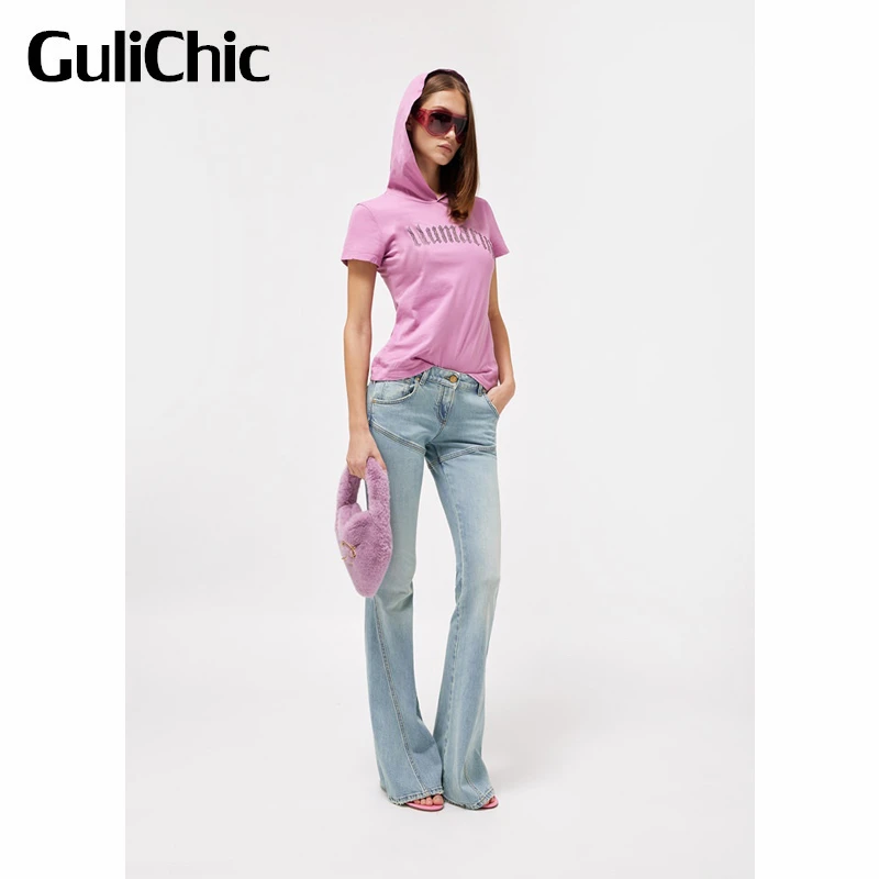 

2,20 GuliChic женские модные потертые джинсы с вышивкой и надписью, узкие расклешенные джинсы