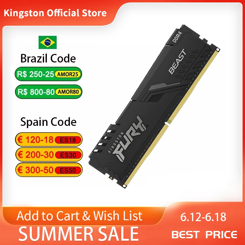 Оперативная память Kingston HyperX FURY DDR4, 2666 МГц, 8 ГБ, 2400 МГц, 16 ГБ, 3200 МГц, ОЗУ для настольного компьютера, Внутренняя Память DIMM 288-pin, 32 ГБ, 3600 МГц, 4 ГБ для игр