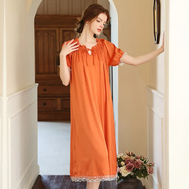

Women Long Pajamas Summer Thin Ice Silk Nightdress Sexy Princess Dress Short Sleeve Nightgowns Solid Satin Plus Size Clothing