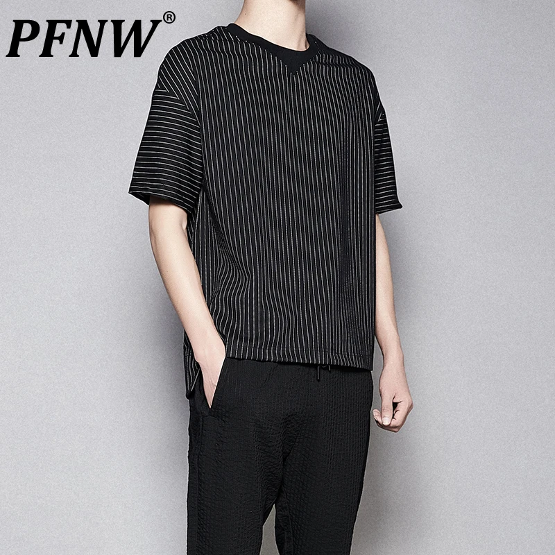 

PFNW Vintage Men's Shiort Sleeve T-shirts Striped Stitching Color Male O-neck Casual Tee Summer Dark Wear 2023 New Tops 28W1426