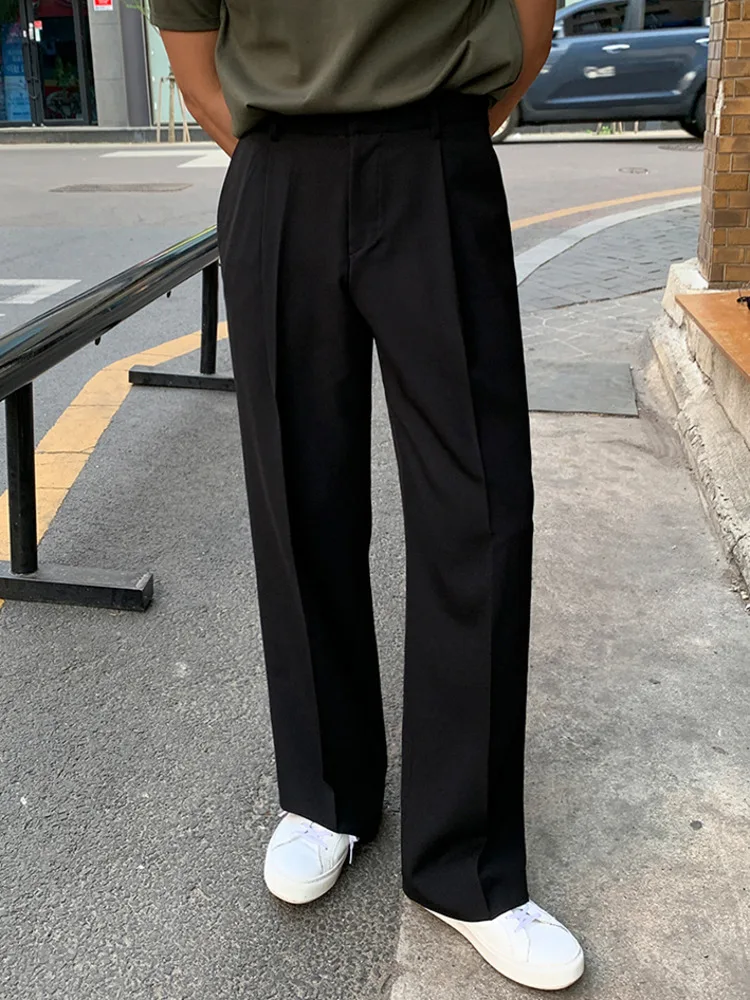 

SYUHGFA 2023 Summer Autumn Korean Men Casual Suit Pant Elastic Waist Straight Loose Trousers Solid Color Design Streetwear
