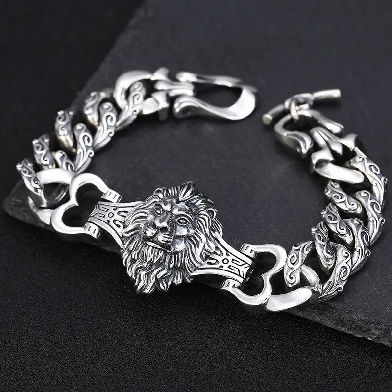 

Wholesale S925 Sterling Silver Jewelry Vintage Personalized Versatile Fashion Thai Silver Dominant Lion Head Bracelet for Men