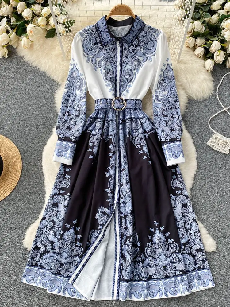 

Женское модельное платье-рубашка с длинным рукавом-фонариком, однобортное вечерние тажное праздничное платье миди с синим цветком и поясом...