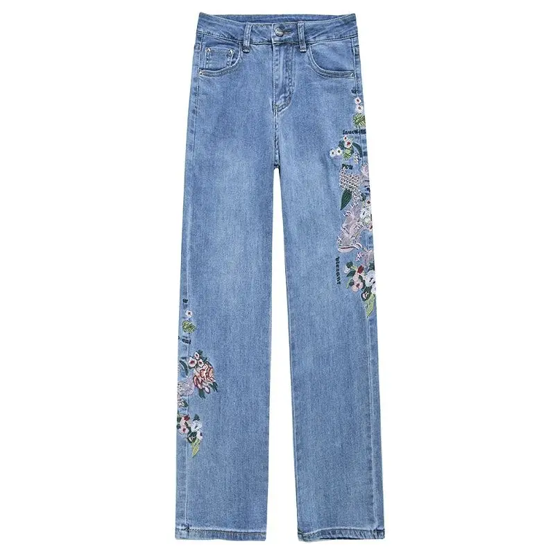 Straight Jeans Women's Summer Thin Section Loose High Waist Embroidered Ethnic Style with Flower Tide Straight Pants Trousers