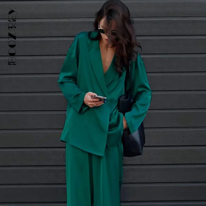 

BoozRey Autumn Fashion Elegant Solid Satin Long Sleeve Shirt Suit Trousers Two Piece Set Womens Outfits Streetwear Casual Suit