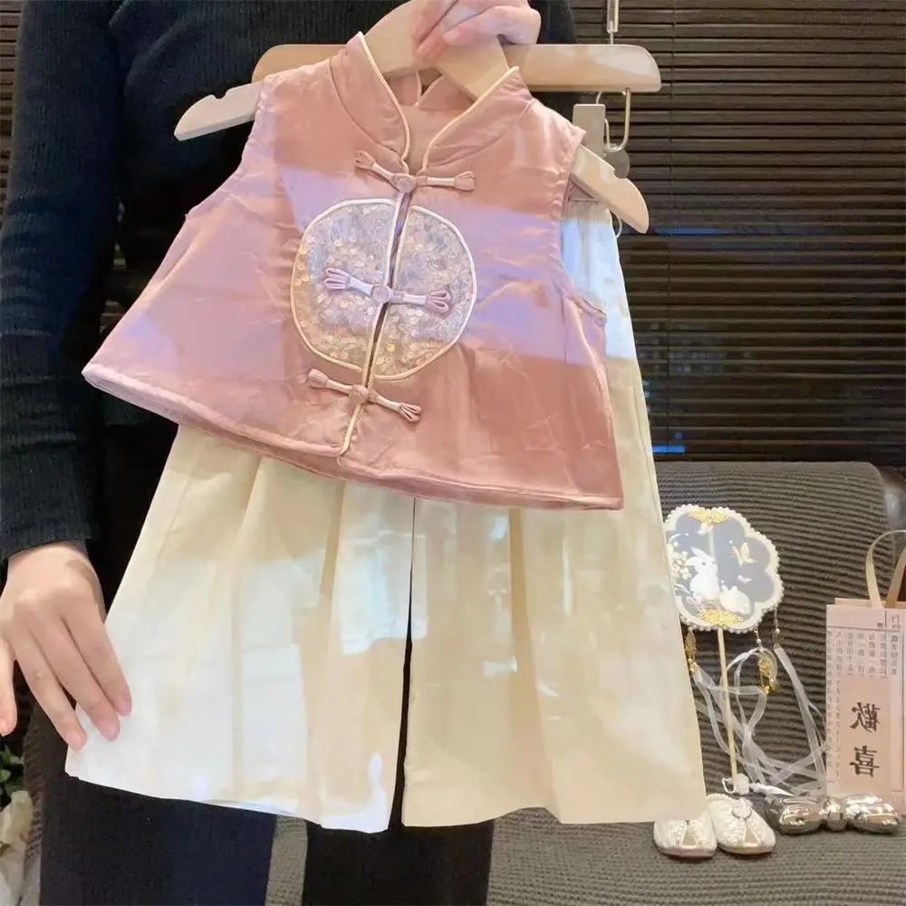 Блузка с вышивкой и брюки широкими штанинами для девочек Новинка лета 2024