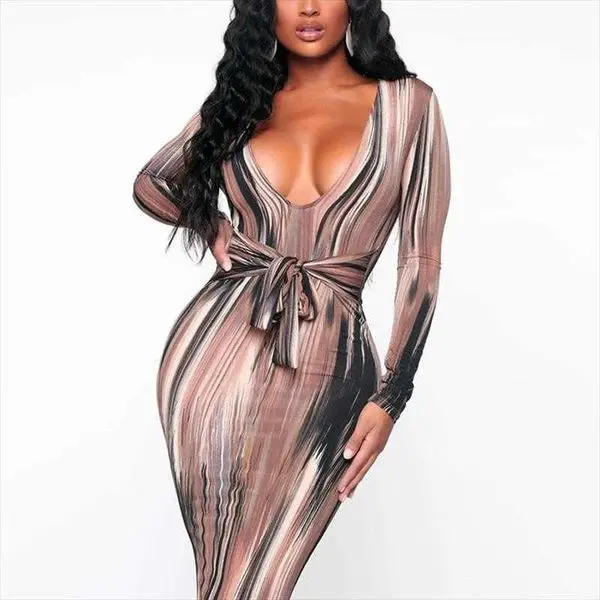 

Womens V-neck Low-cut Sexy Skinny Sheath Long Dress With Belt Sleeve Striped