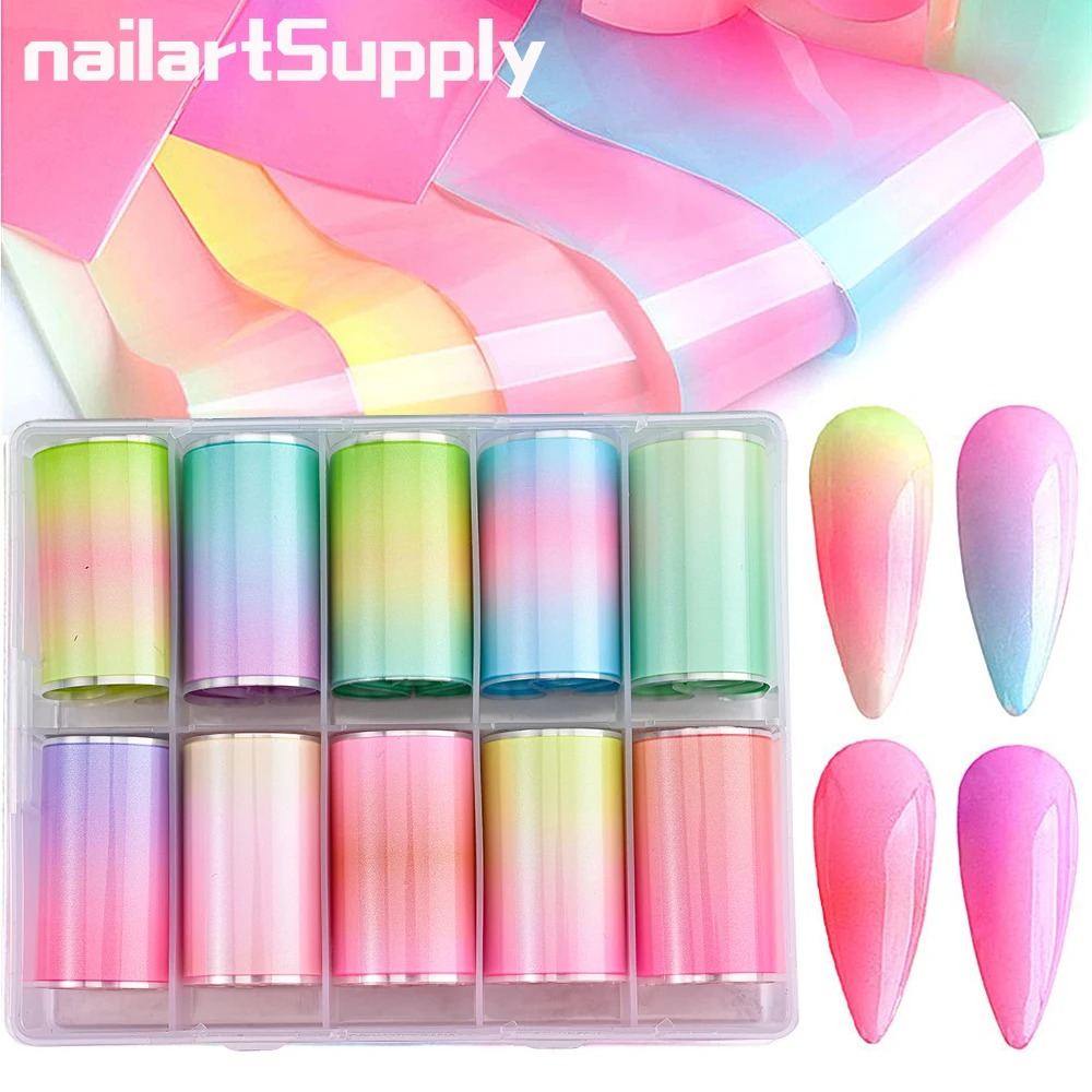 

100*4cm 10 Rolls Pure Color Gradient Nail Stickers Fluorescent Transfer Foil Neon Candy Full Wraps Nail Paper Art Decoration NZ7