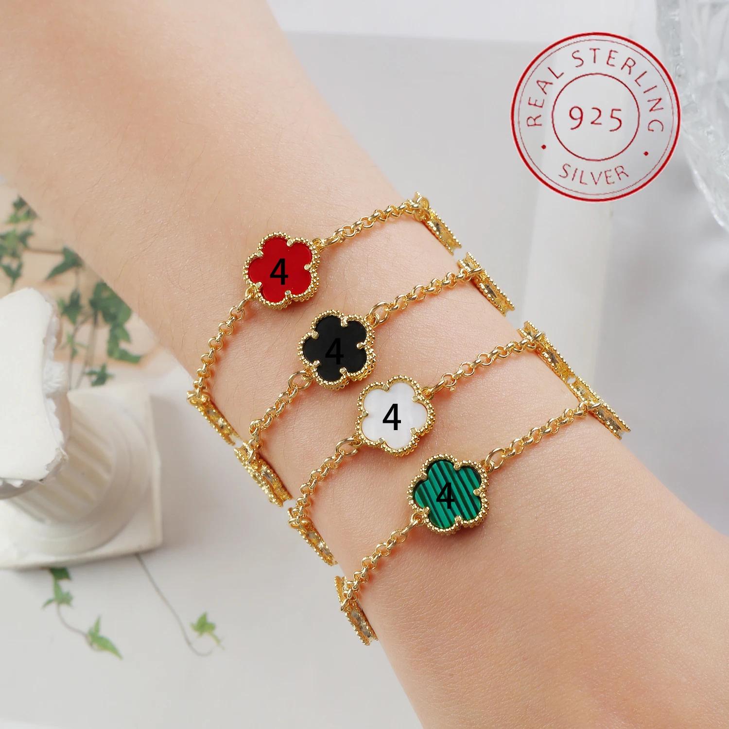 

Классический браслет из серебра S925 с четырехлистным клевером, высококачественный Золотой, розовое золото и серебро