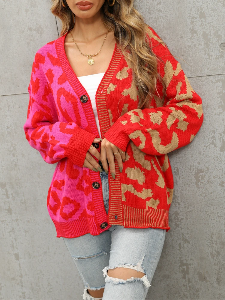 

Leopard Knitted Cardigan 2023 Winter New Fashion Korean Style Long Sleeve Top Women Sweaters Jacket V-Neck Oversized Cardigan