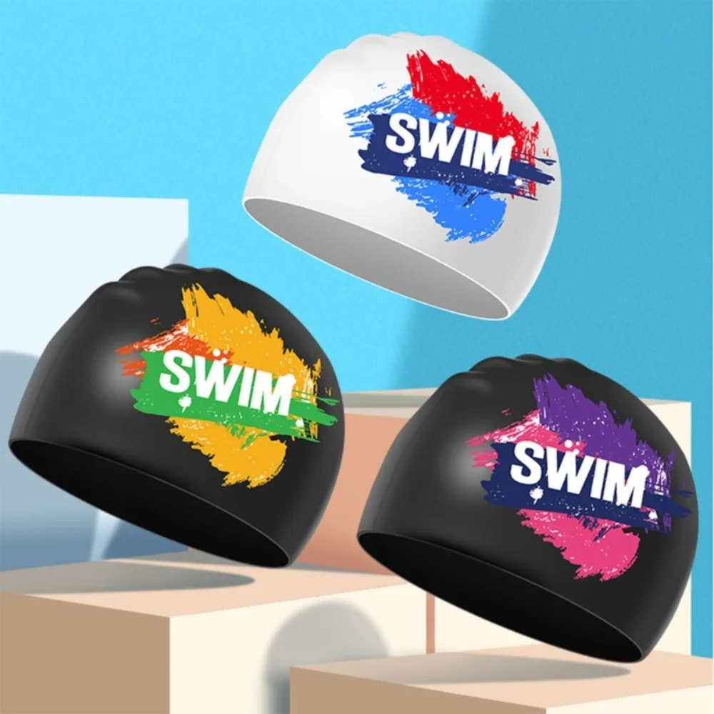

1Pc Unisex Silicone Swimming Cap Waterproof Letter Swim Cap Elastic Diving Hat For Women Girls Long Hair Ears Protect