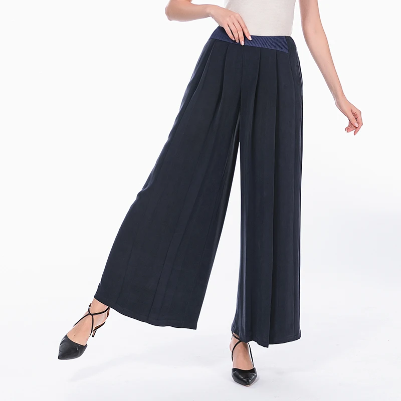 

30m/m Heavyweight 100% Pure Silk Streetwear Trousers Office Ladies Fashion Pleated Culottes Navy Blue Wide Leg Pants KE107