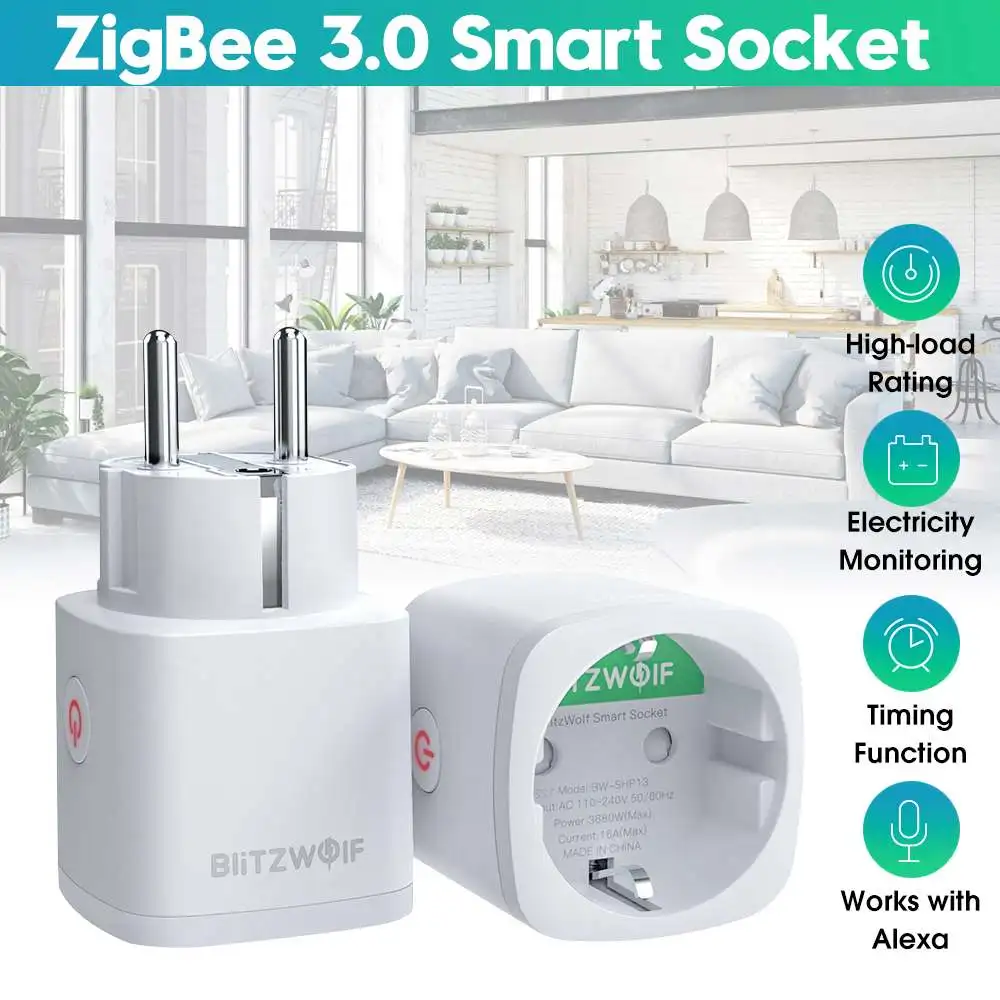 

BlitzWolf Zigbe 3.0 Smart Socket Electricity Metering APP Remote Control Timer Work with Alexa ,16A 3680W Eu Plug Socket Outlet