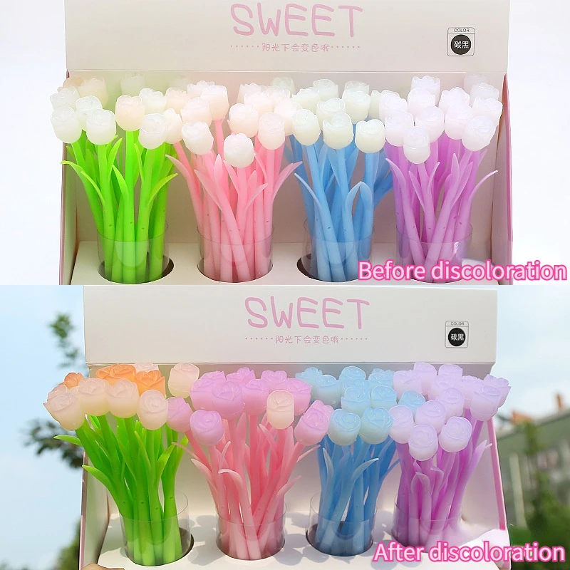

New Creative Small Fresh Roses Meet The Sun To Change Color Soft Rubber Black Gel Pen Flower Gift Pen Student Stationery