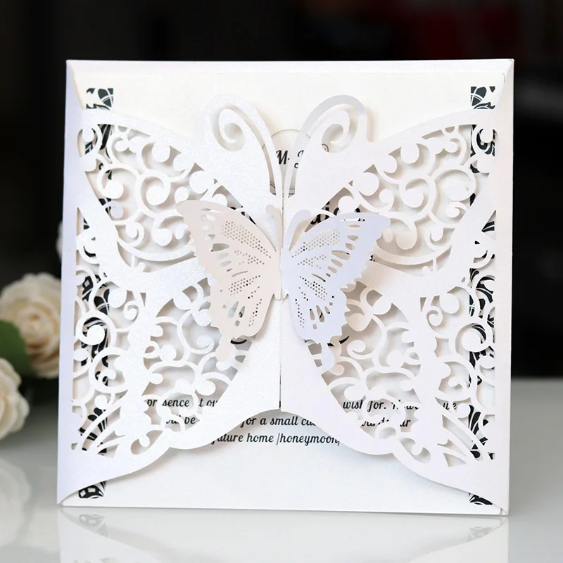 

10pcs 3D Butterfly Square Wedding Invitations Pocket Laser Hollow Romantic Invitation Card Gift Greeting Cards Party Supplies