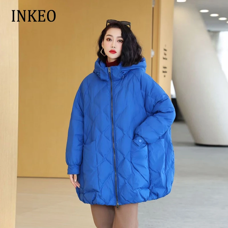 Women's winter down jackets Oversized Brown Pockets Hooded puffer jacket Casual Blue Long sleeve coat Ladies 2023 INKEO 2O338