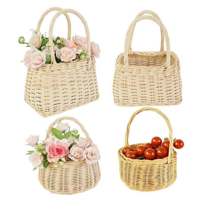 

Handmade Wicker Woven Flower Basket with Handle Flower Pot Home Decoration Picnic Snack Storage Wedding Party Supplies Baskets