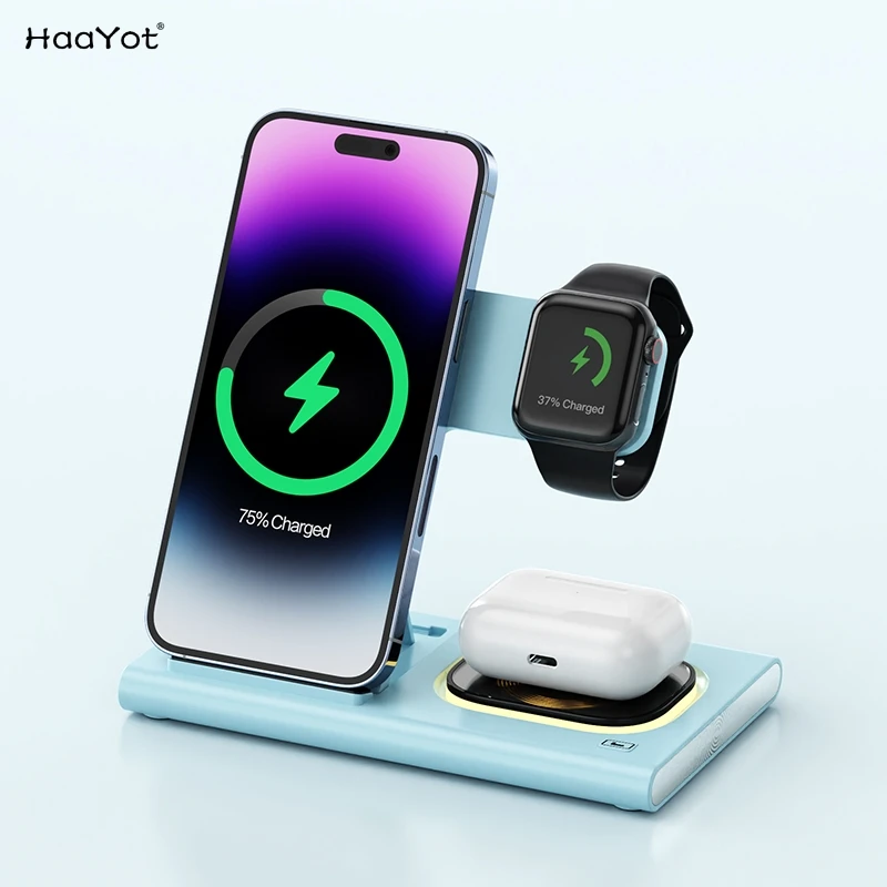 

Беспроводная зарядная док-станция HAAYOT 2023 3 в 1 для Iphone 14 13 12 Pro Galaxy S23 S22 Watch 8 7 6 Airpods Buds