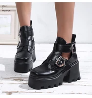 2022 new black pu leather high heels spring and autumn summer punk womens large size thick sole motorcycle shoes womens shoes