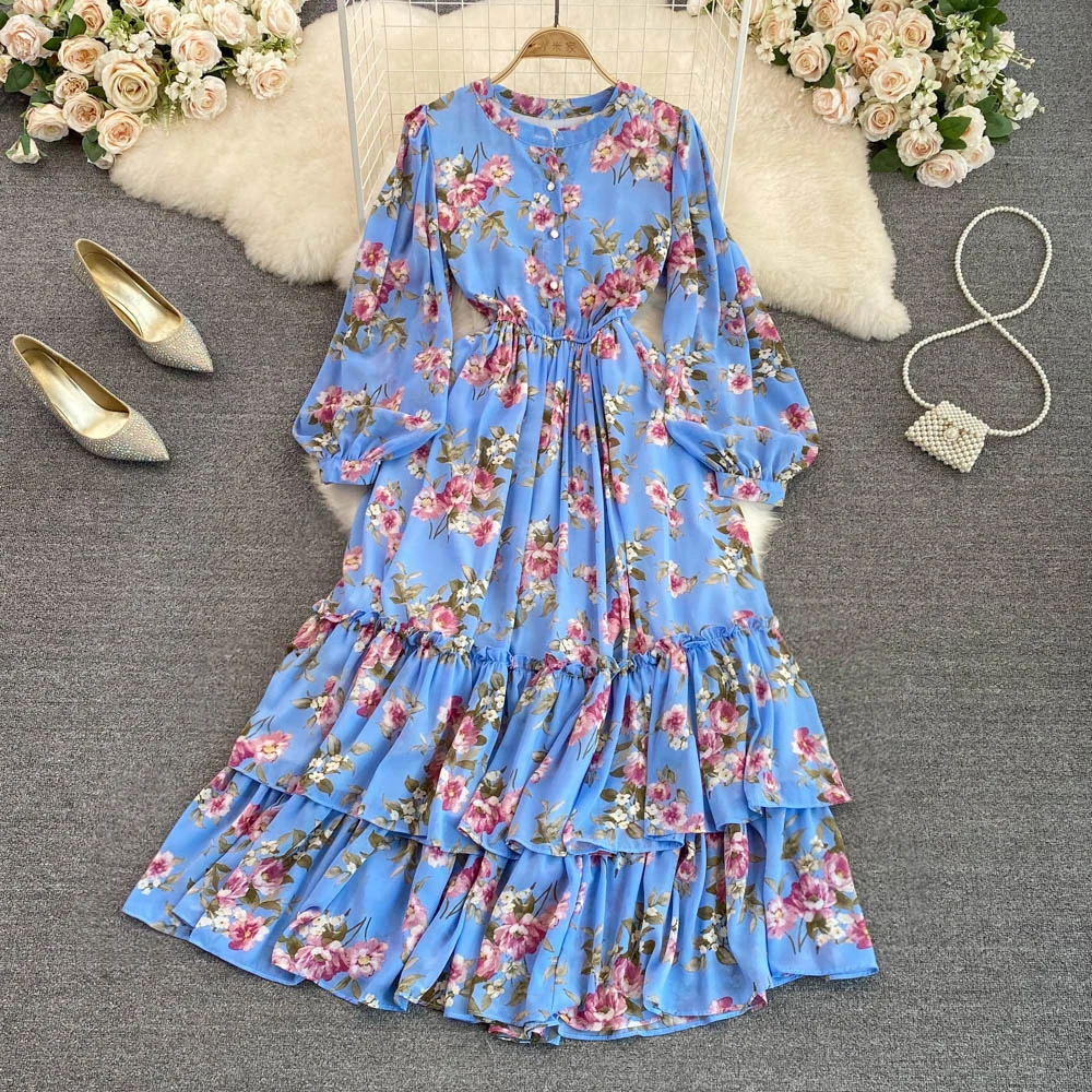 

VANOVICH Summer New Korean O-neck Single-breasted Waist Thin Print Chiffon Dress Cascading Ruffle A-line Fashion Long Dress