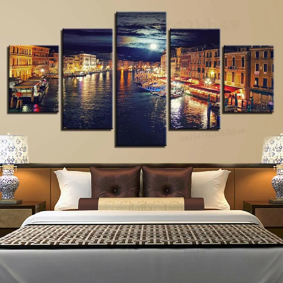 

Venice Italy Grand Canal At Night View 5 Panel Canvas Print Wall Art Home Decor HD Print Pictures Poster No Framed Paintings