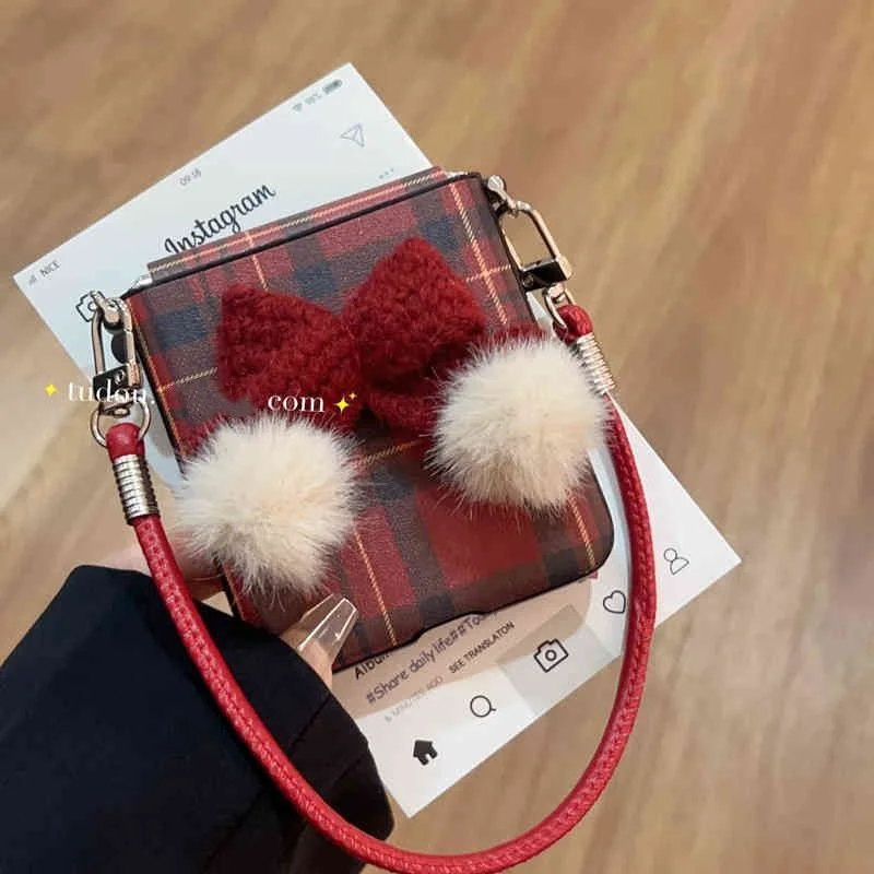 Фото Новогодний рождественский чехол с красной сеткой для Oppo Findn3/n2flip/Xiaomi Mix Flip/Samsung Zflip6/5/4/Pocket 2, чехол с 3d плюшевой бабочкой №1