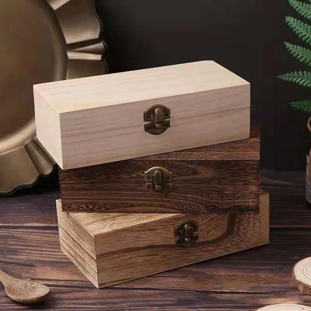 

Unfinished Wooden Box with Hinged Lid for Crafts DIY Storage Jewelry Wooden Box Retro Decor Home Sundries Storage Gift Pack A3P9