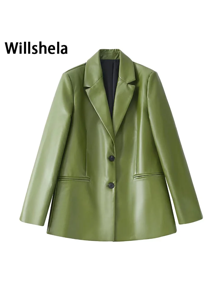 

Willshela женский модный Однобортный блейзер с карманами из искусственной кожи, винтажный блейзер с длинными рукавами и вырезом, офисное Женско...
