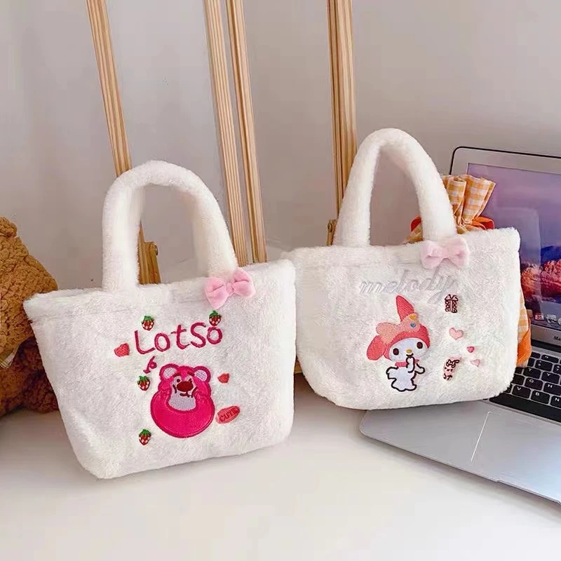 

26 см Sanrio, милая плюшевая сумка с вышивкой Hello Kitty Cinnamorol Mymelody, мультяшная плюшевая сумка через плечо, сумка для хранения для девушек, сумка-тоут