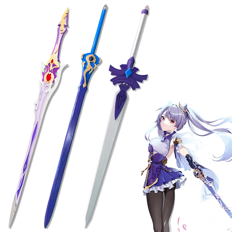 Genshin-Juego de impacto Keqing, Cosplay de Anime, Arma de utilería de madera, hoja fría pintada, espada de una mano, arma ligada Honkai Impact3