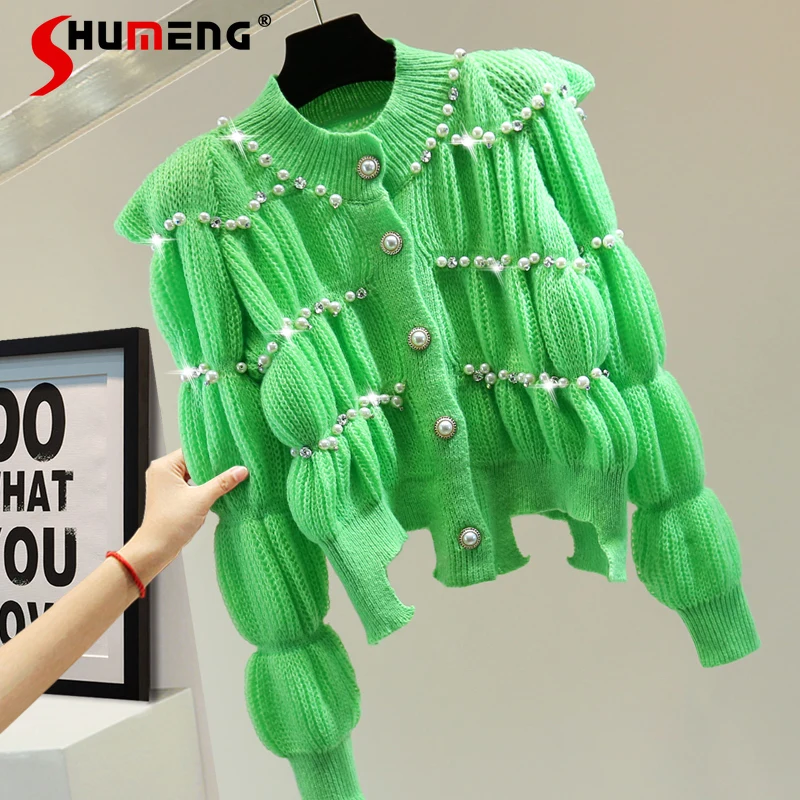 

Striped Beads Rhinestones Cardigan for Women Knit Coat 2023 Autumn Winter Short Irregular Mock Neck Sweater Woman Thick Sweaters