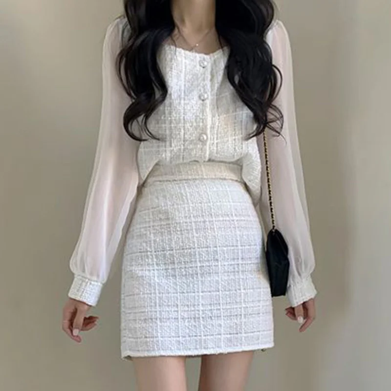 

F GIRLS Korea Chic Vintage Tweed Sets Elegant Square Collar Patchwork Gauze Long Sleeve Blouse + High Waist A-line Mini Skirt