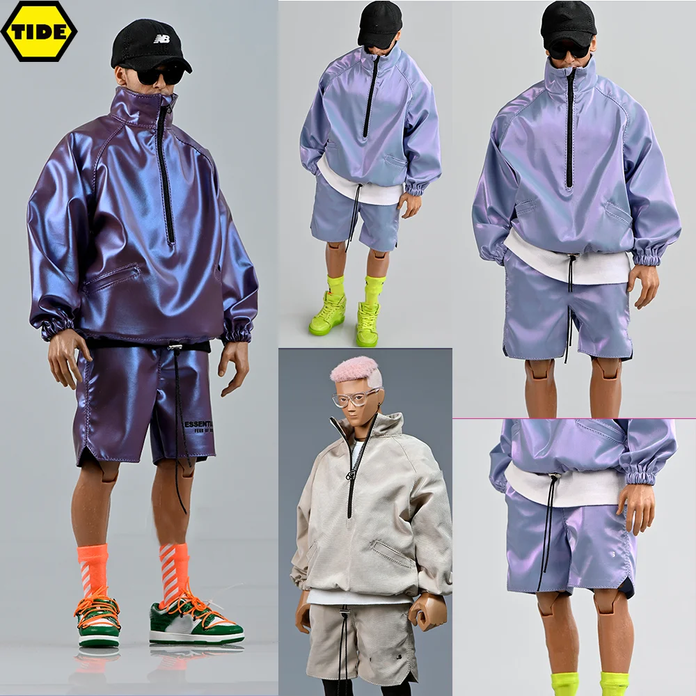 

1/6 Scale Male Soldier Outwear Laser Colorful Half-Zipper Outdoor Jacket Reflective Coat Shorts Set Model for 12'' Action Figure