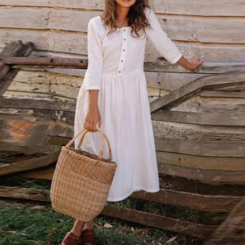 

2021 Fall Plus Size Women's Single-breasted Solid Color Cotton And Linen Nine-point Sleeve Stitching Round Neck Mid-length Dress