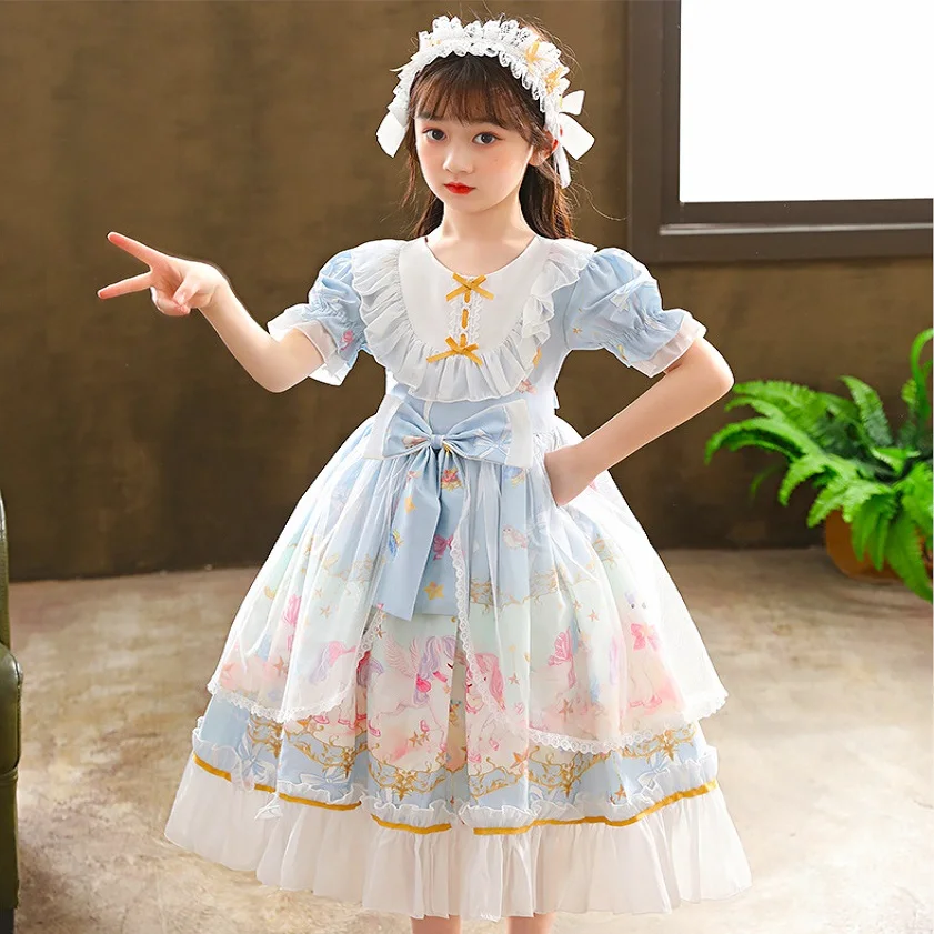 

Sweet Lolita Dress Child Lace Bowknot Printing High Waist Victorian Clothes Japanese Kawaii Girl Gothic Dresses Flare Sleeve