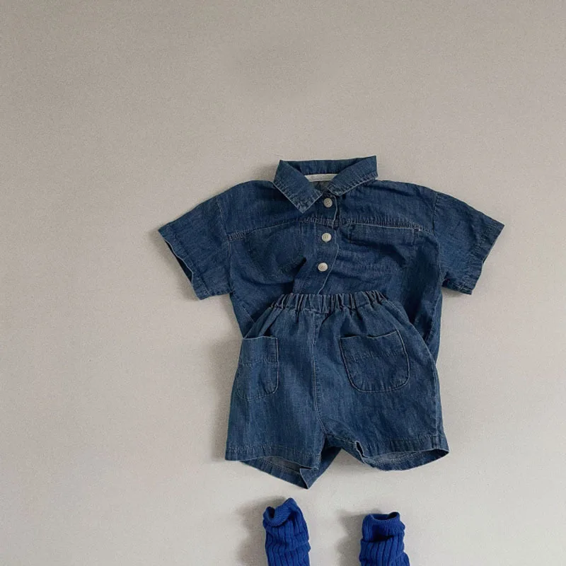 

Infant boys and girls baby short-sleeved denim shirt shorts suit summer fashion two-piece suit