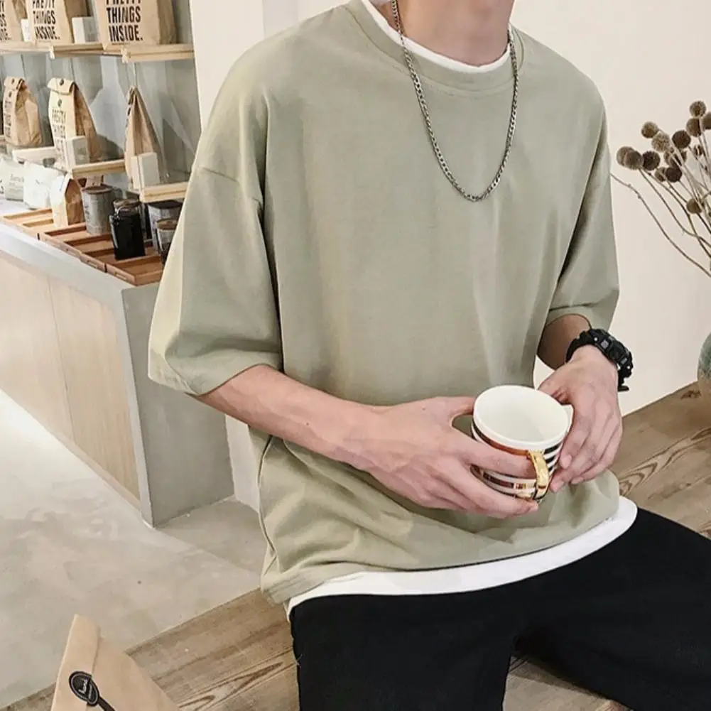 

Richkeda Store Autumn Solid Long Sleeve T-shirts Men Short Sleeve Round Neck Loose Patchwork Blouse T-shirt Tee Top Comfortable
