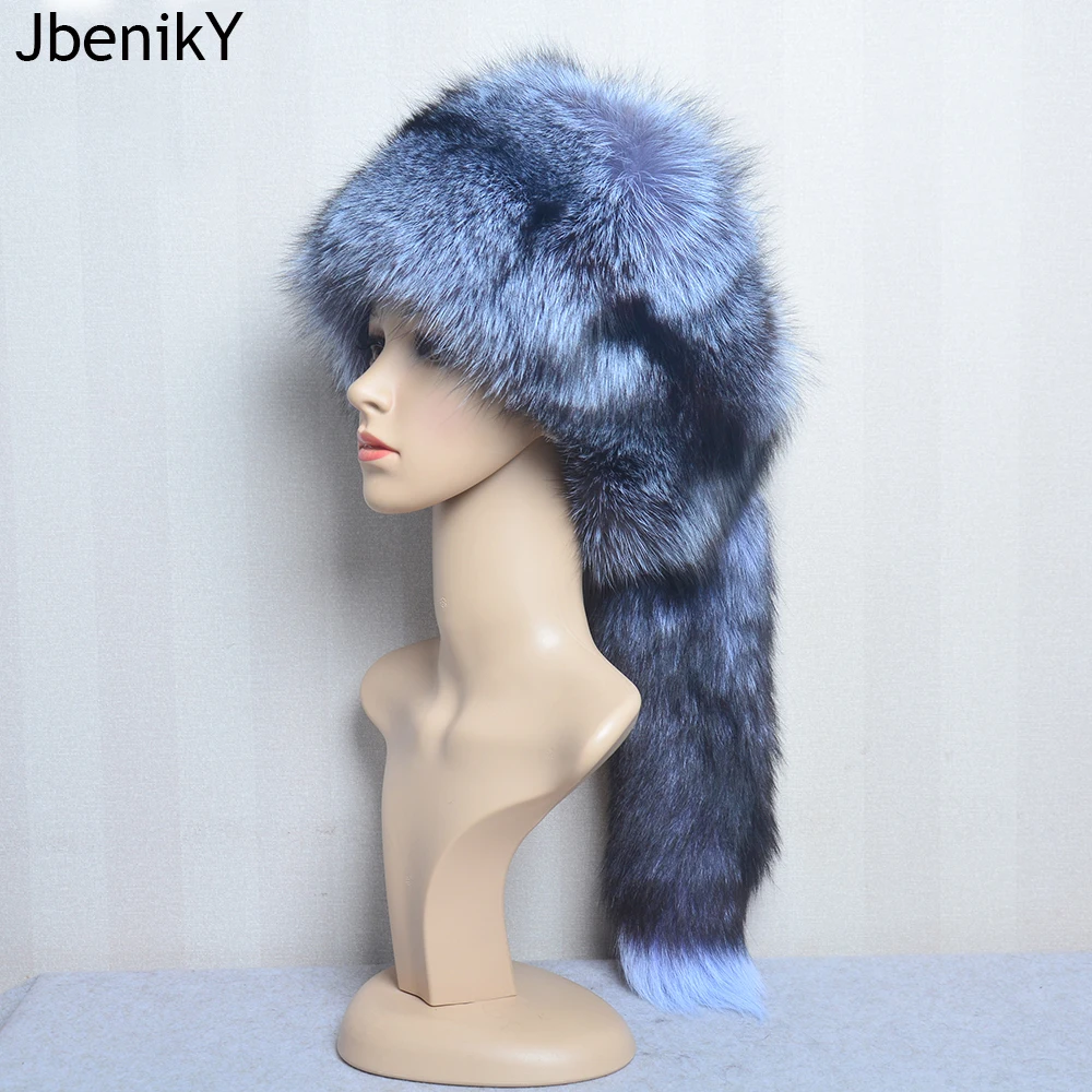 Real Fox Fur Hats For Women Winter Fashionable Stylish Russian Thick Warm Beanie Hat Natural Fluffy Fur Hat With Tail Bomber Hat