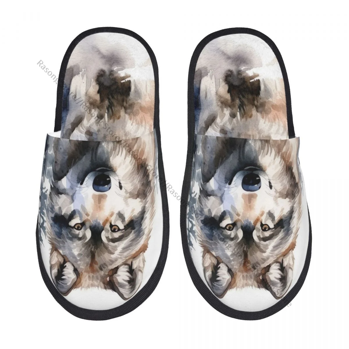 Зимние тапочки для женщин и мужчин пушистые теплые домашние с волком в лесу обувь