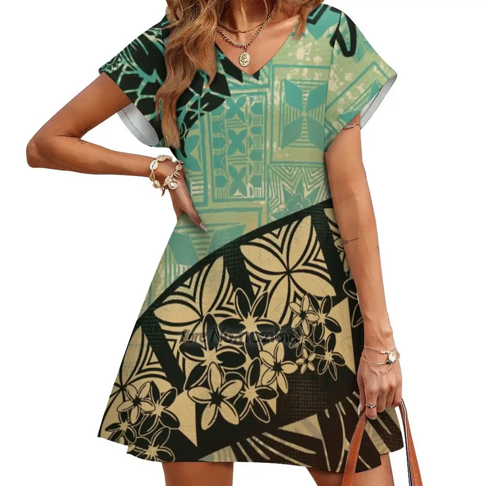 

Vintage Samoan Old Teal Tapa Threads Design Print Dress Short Sleeve V-Neck Fashion Skirt Thin Short Sleeve Skirts Hawaiian