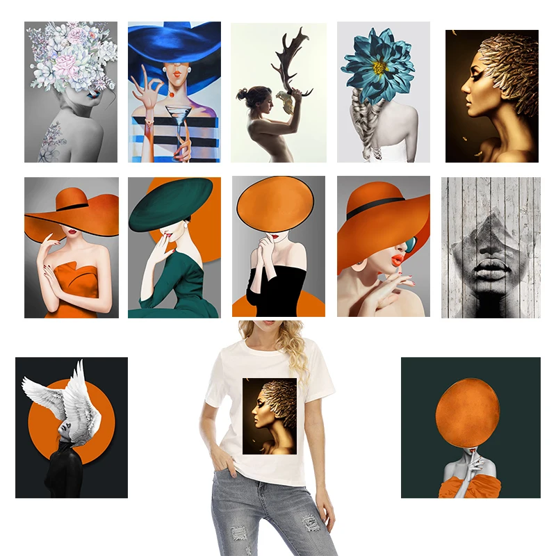 

Natural Flowers Feather Body Art Poster Iron On Patches Fashion T-shirt Sublimation Customized Fusible Vinyl Stripes