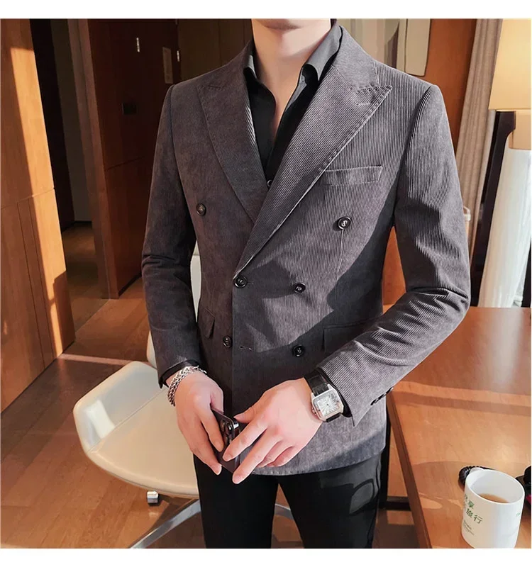 Мужской весенний двубортный деловой костюм/мужской облегающий вельветовый